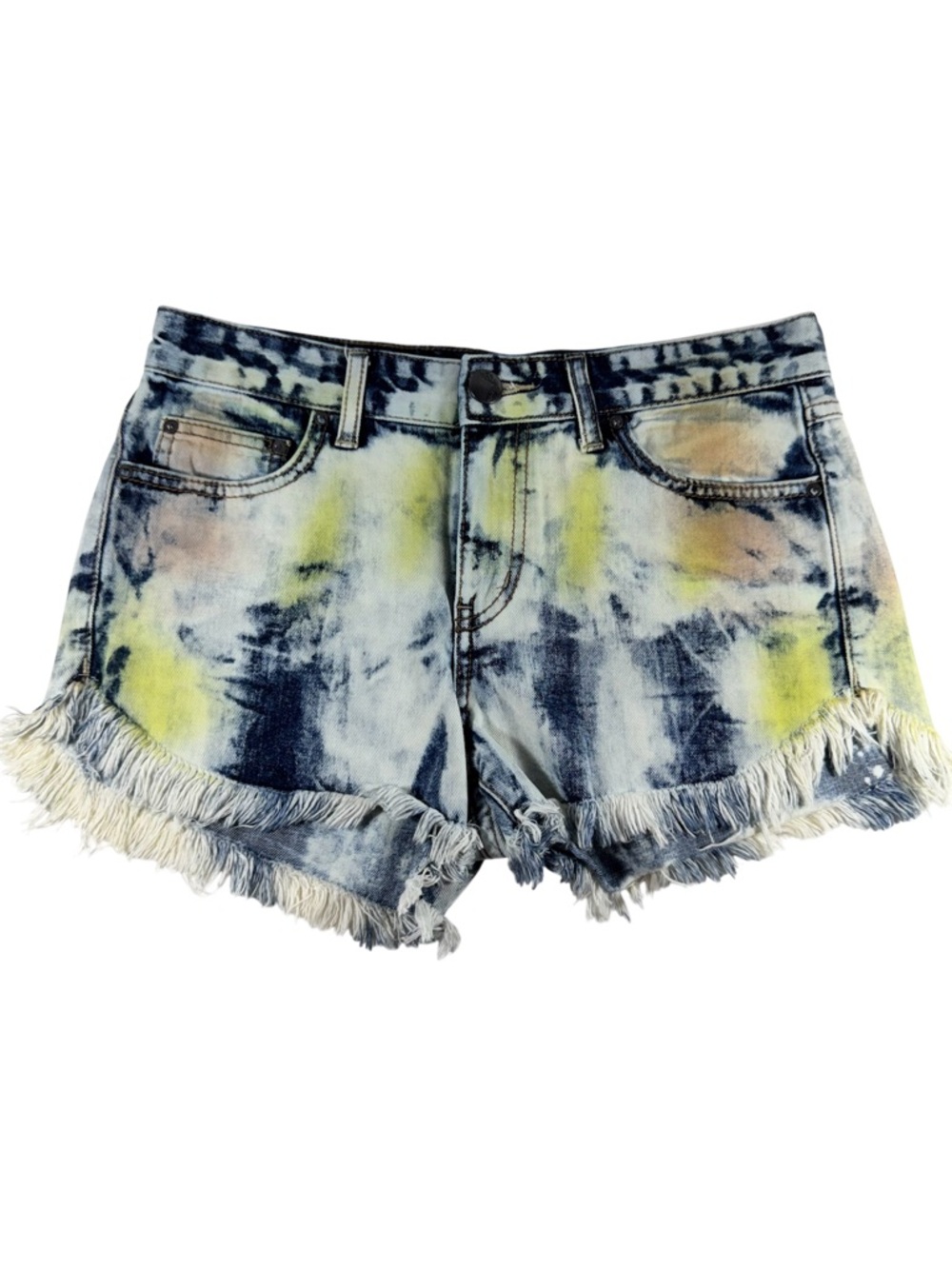 Free People Tie Dye Acid Wash Denim Shorts Fringe Hem Boho Festival Women's 26